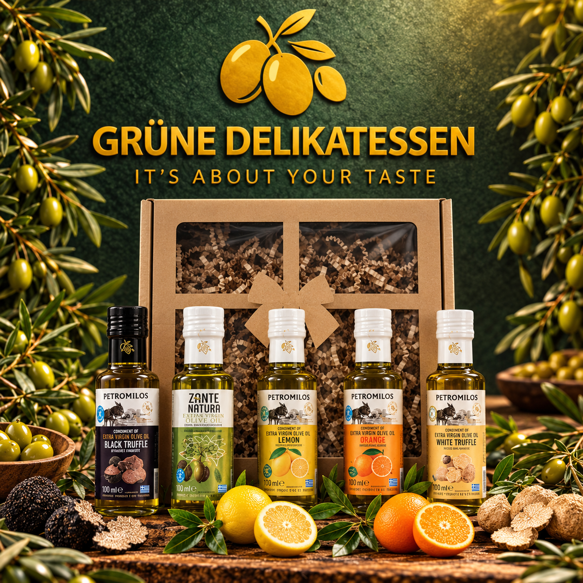 🫒🎁 Griechisches Olivenöl Geschenkset – 5 × 100 ml | Trüffel & Zitrus Edition 🇬🇷