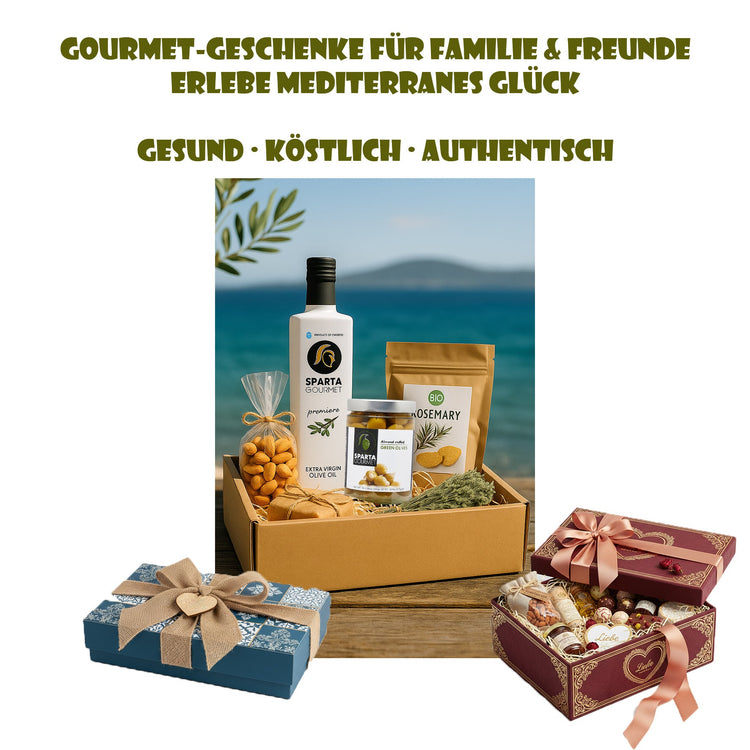 Mediterrane Gourmet-Geschenkbox mit Olivenöl, Honig, Nüssen und Kräutern – luxuriös verpackt als besonderes Geschenk