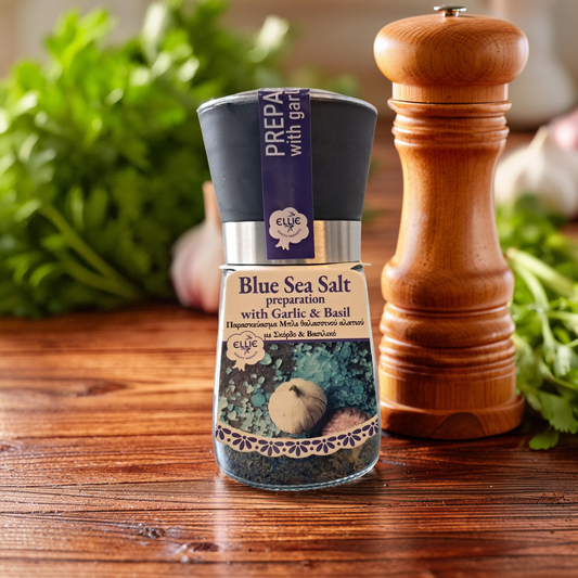 🌊 Blaues Meersalz mit Knoblauch & Basilikum – 160 g (Glas)