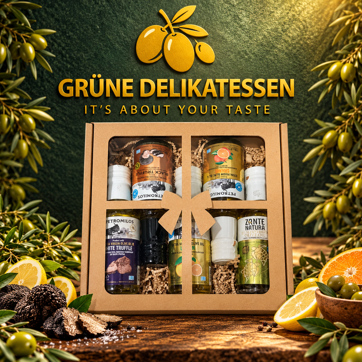 🫒🎁 Griechisches Olivenöl Geschenkset – 5 × 100 ml | Trüffel &amp; Zitrus Edition 🇬🇷
