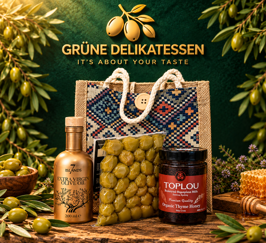 🎁 Griechisches Premium Geschenkset 🇬🇷 | Olivenöl, Chalkidiki-Oliven & Bio-Thymianhonig