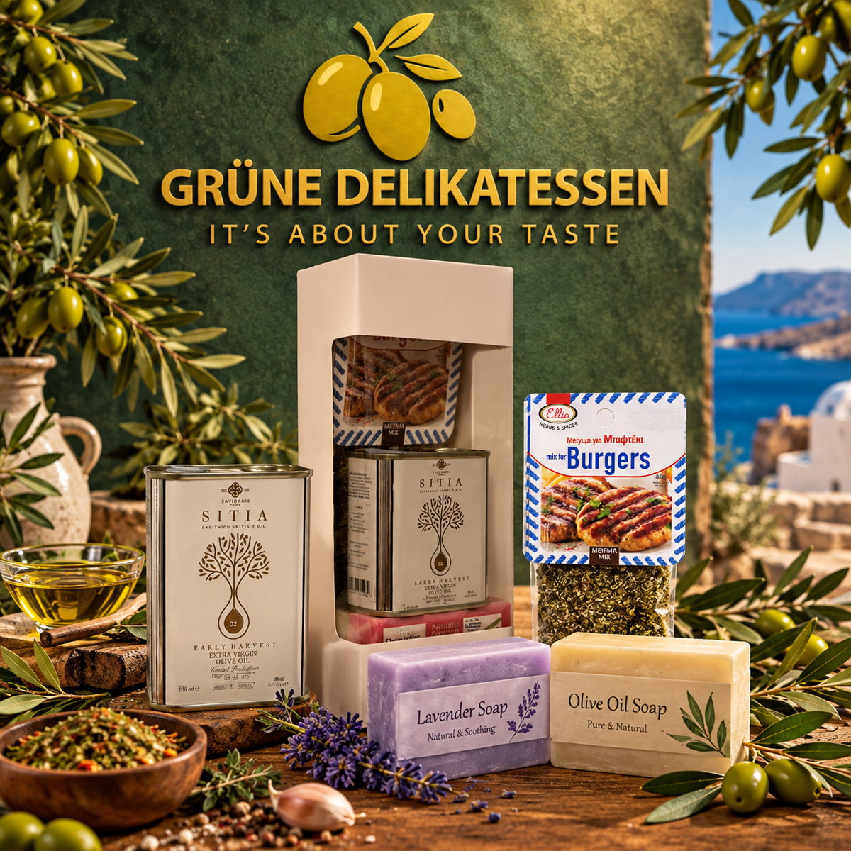 Griechische Geschenkbox mit Premium Olivenöl, Burger-Gewürz & handgemachten Seifen – Mediterrane Genuss & Pflege Box