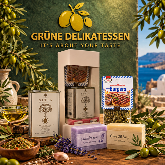 Griechische Geschenkbox mit Premium Olivenöl, Burger-Gewürz & handgemachten Seifen – Mediterrane Genuss & Pflege Box