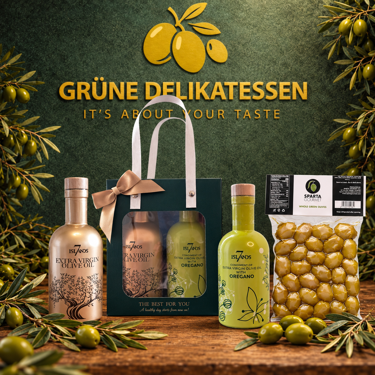 Mediterrane Starter Box II – Premium Olivenöl, Oregano-Olivenöl &amp; Chalkidiki-Oliven