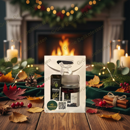 Grüne Delikatessen – Greek Simplicity Geschenkbox | Bio Olivenöl & Kalamata Oliven aus Sparta