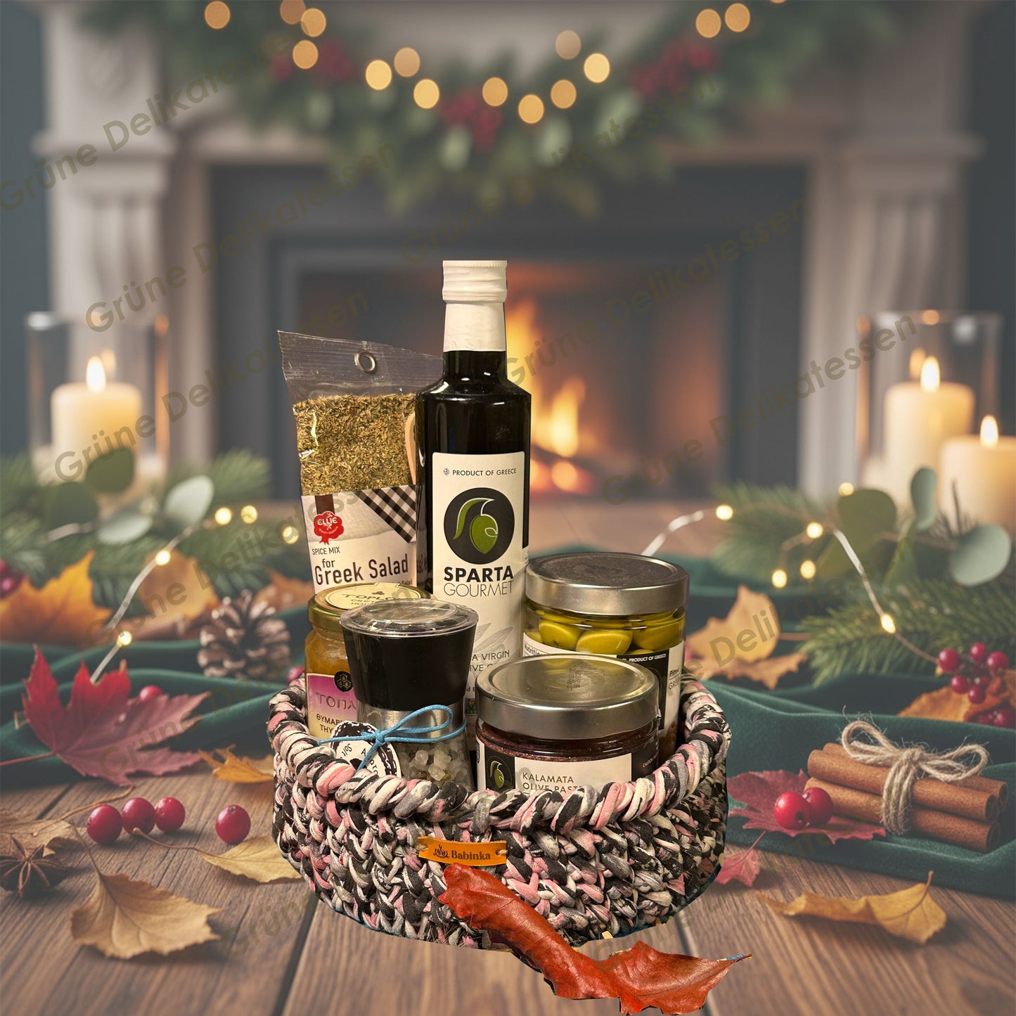 Grüne Delikatessen – Greek Harmony Deluxe Geschenkbox | Gourmet Delikatessen & Handgefertigter Korb aus Polen