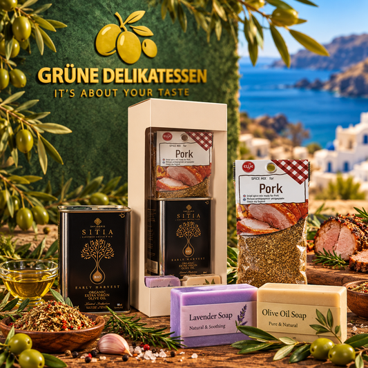 Griechische Geschenkbox mit BIO Olivenöl, Schweinefleisch-Gewürz & handgemachten Seifen – Mediterrane Genuss & Pflege Box