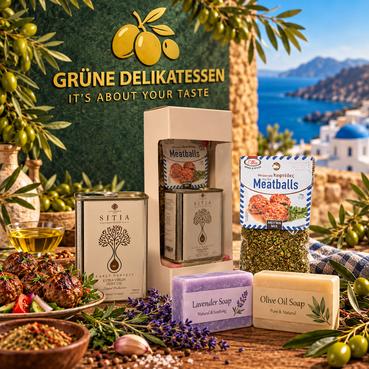 Griechische Geschenkbox mit Premium Olivenöl, Keftedes-Gewürz & handgemachten Seifen – Mediterrane Genuss & Pflege Box