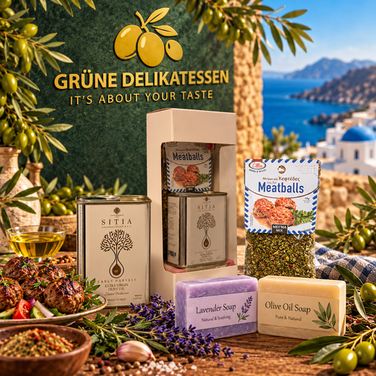 Griechische Geschenkbox mit Premium Olivenöl, Keftedes-Gewürz & handgemachten Seifen – Mediterrane Genuss & Pflege Box