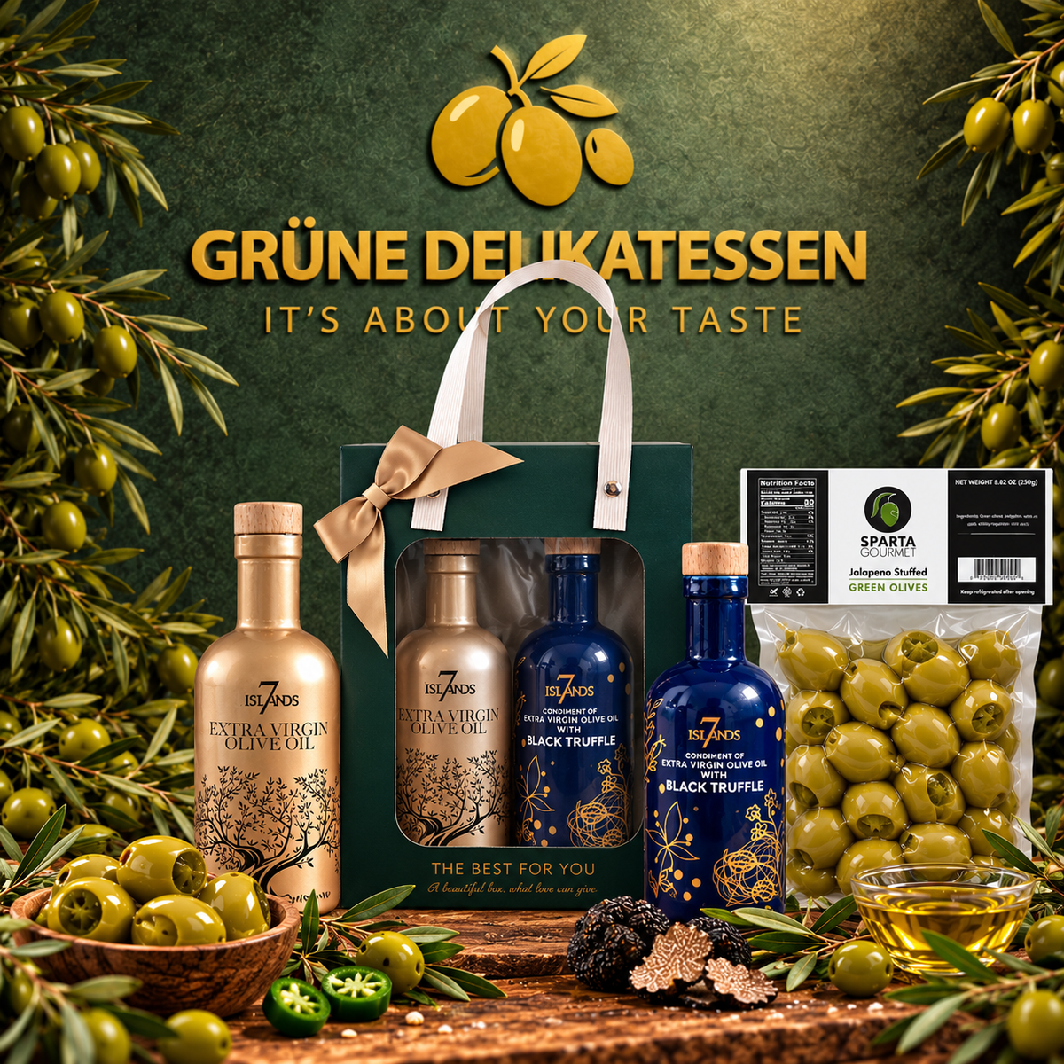 Mediterrane Luxus Box – Premium Olivenöl, Schwarzer Trüffel & Jalapeño-Oliven