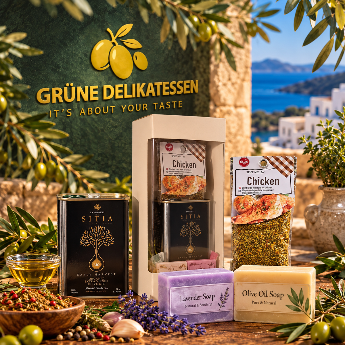 Griechische Geschenkbox mit BIO Olivenöl, Hähnchen-Gewürz & handgemachten Seifen – Mediterrane Genuss & Pflege Box