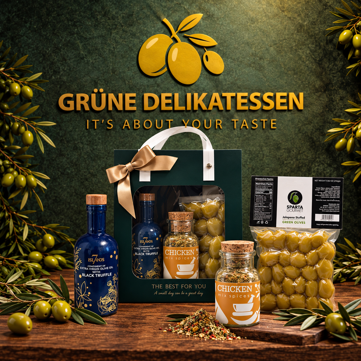 Mediterrane Gourmet Box – Schwarzes Trüffel-Olivenöl, Jalapeño-Oliven & Griechisches Hähnchengewürz
Exklusiver mediterraner Genuss – liebevoll zusammengestellt in Heidelberg