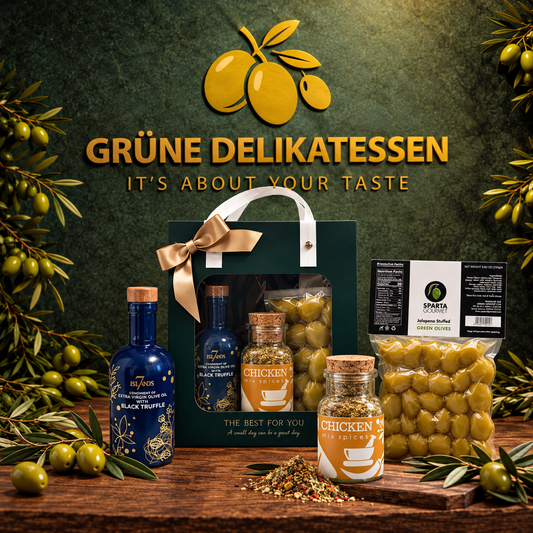 Mediterrane Gourmet Box – Schwarzes Trüffel-Olivenöl, Jalapeño-Oliven & Griechisches Hähnchengewürz
Exklusiver mediterraner Genuss – liebevoll zusammengestellt in Heidelberg
