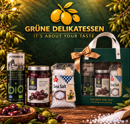 Mediterrane Bio-Genuss Geschenkbox – Griechisches Olivenöl, Kalamata-Oliven & Meersalz