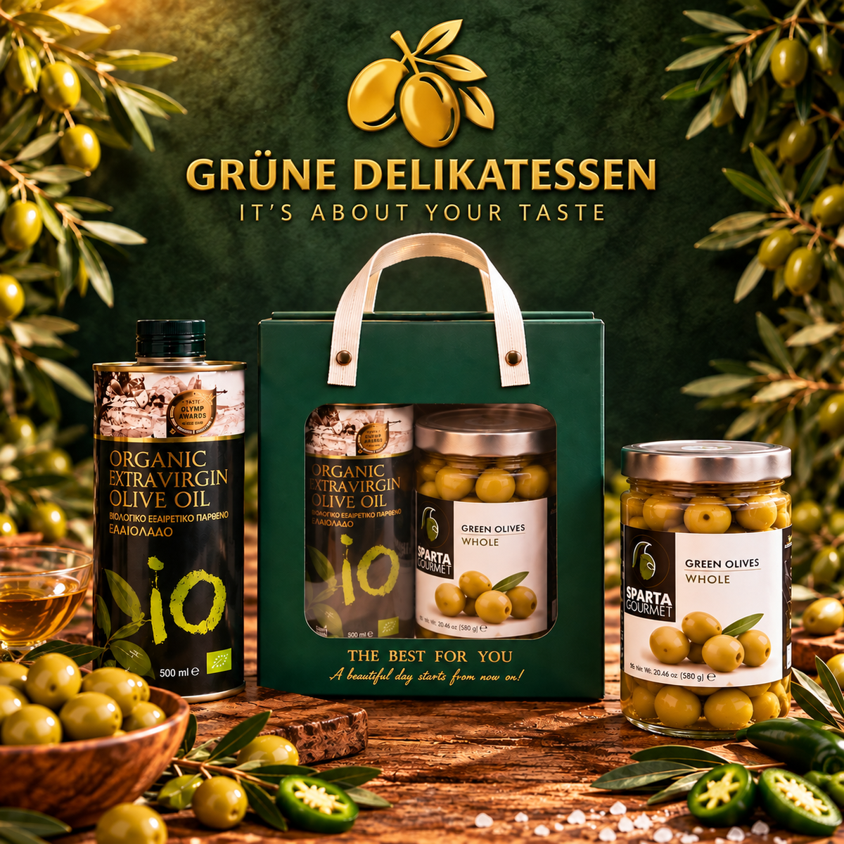 Mediterrane Geschenkbox mit BIO Olivenöl & ganzen grünen Oliven | Grüne Delikatessen