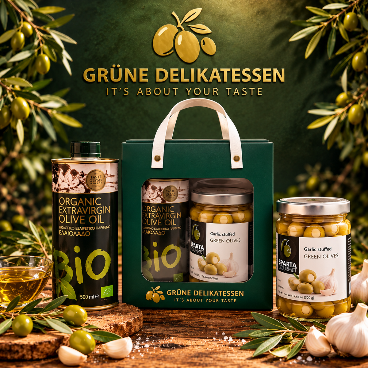 Mediterrane Geschenkbox mit BIO Olivenöl & Knoblauch-Oliven | Grüne Delikatessen