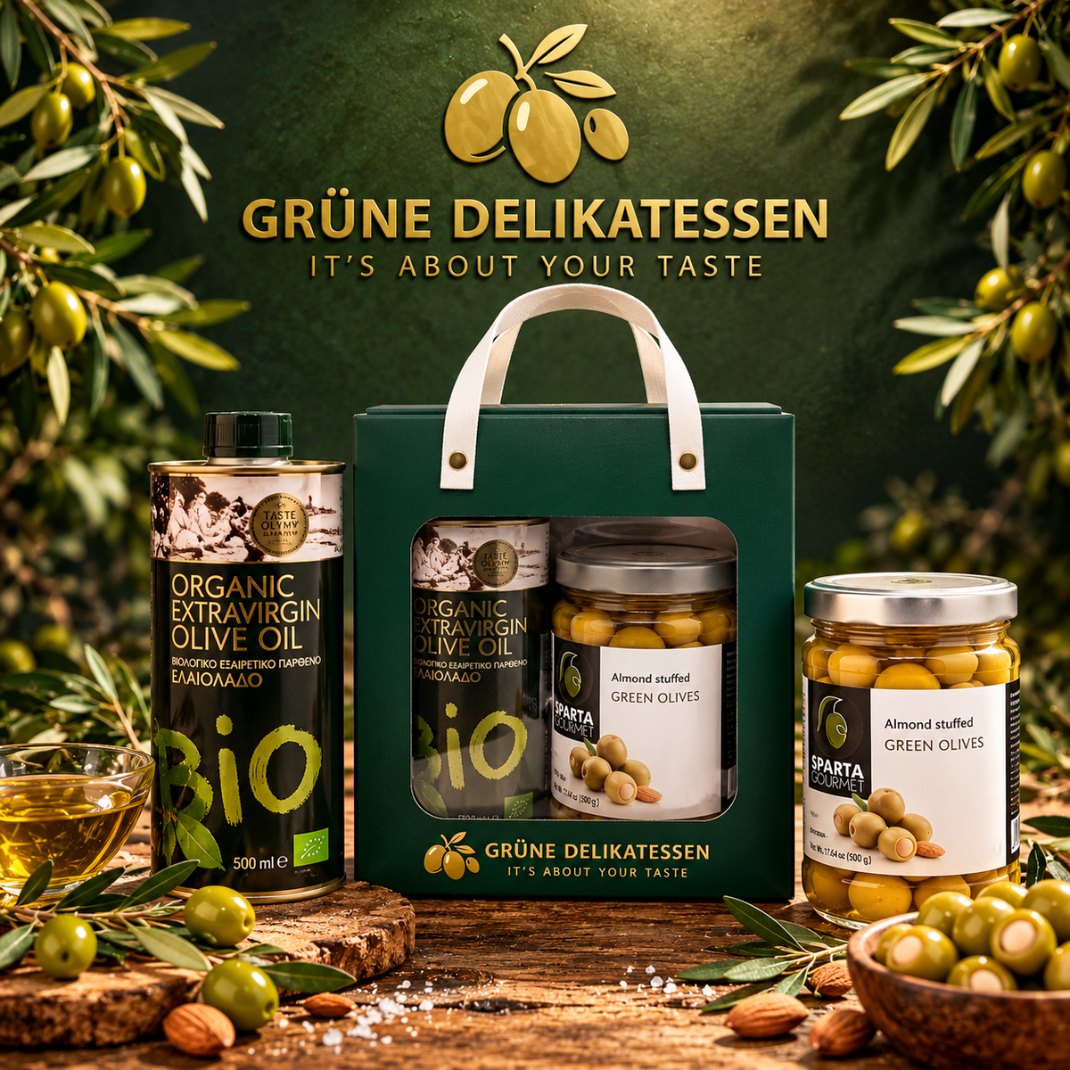 Mediterrane Geschenkbox mit BIO Olivenöl & Mandel-Oliven | Grüne Delikatessen