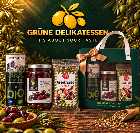 Mediterrane Bio-Genuss Geschenkbox – Olivenöl, Kalamata-Oliven & Griechisches Salatgewürz