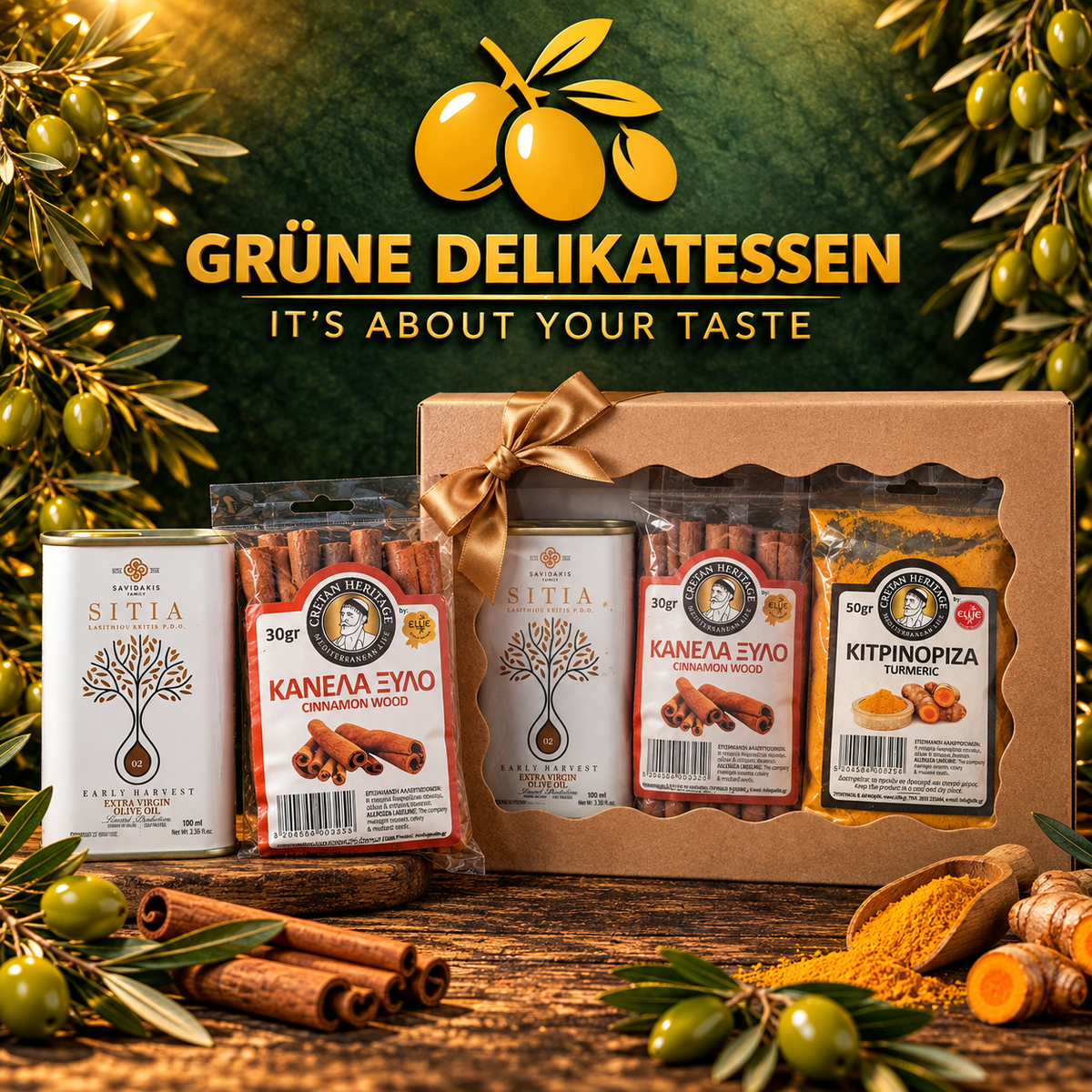 Griechische Gewürz-Genuss Geschenkbox – Sitia Olivenöl, Zimtstangen & Kurkuma
