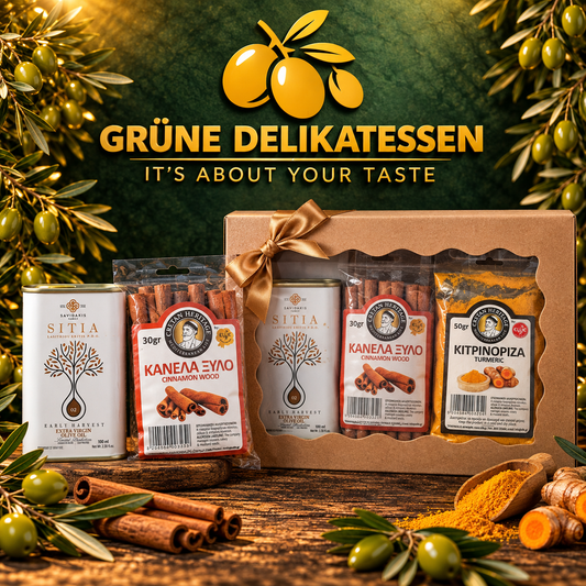 Griechische Gewürz-Genuss Geschenkbox – Sitia Olivenöl, Zimtstangen & Kurkuma