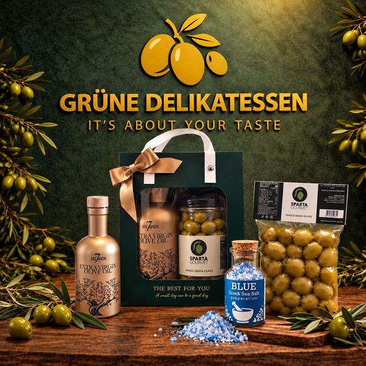 Mediterrane Geschenkbox mit Griechischem Olivenöl, Premium Oliven & Blauem Meersalz – Grüne Delikatessen